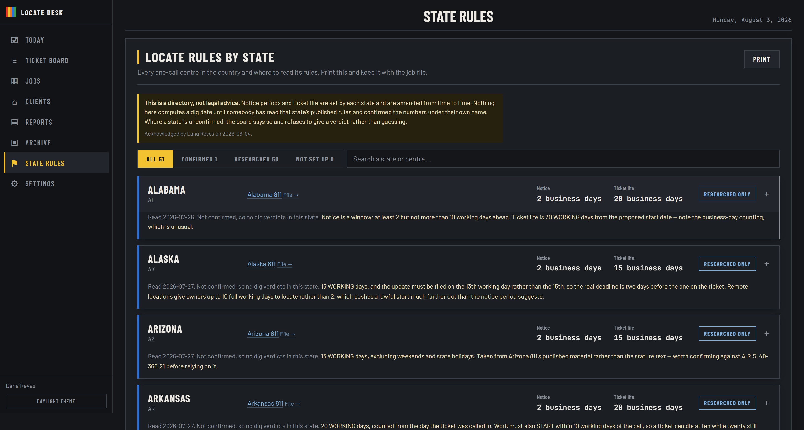The state rules directory: every state with its notice period, ticket life, a link to its one-call center, and whether its rules have been confirmed