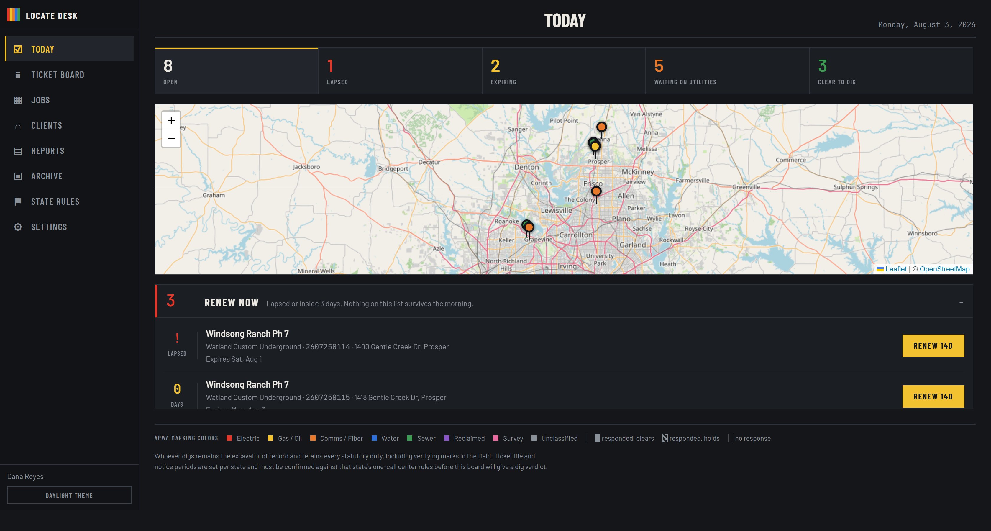 The Today screen: open, lapsed, expiring, waiting and clear-to-dig counts, a map of active dig sites, and a renew-now list